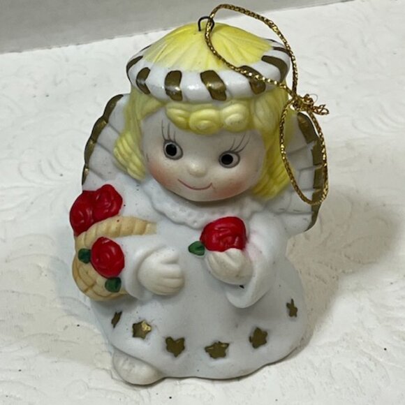 VTG 80's Angel Christmas Bell Tree Ornament Ceramic with Red Roses 2"x3" - Picture 2 of 13